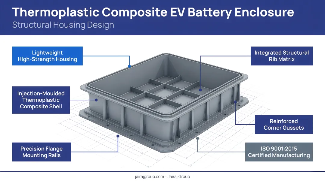 Thermoplastic composite EV battery enclosure component showing structural housing design