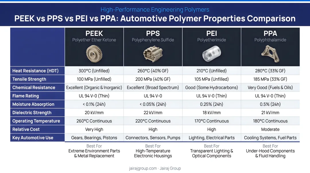 PEEK PPS PEI PPA automotive polymer properties comparison chart infographic