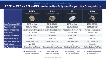 PEEK PPS PEI PPA automotive polymer properties comparison chart infographic