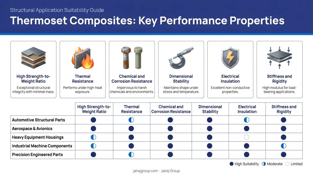Thermoset composite key performance properties with structural application suitability icons