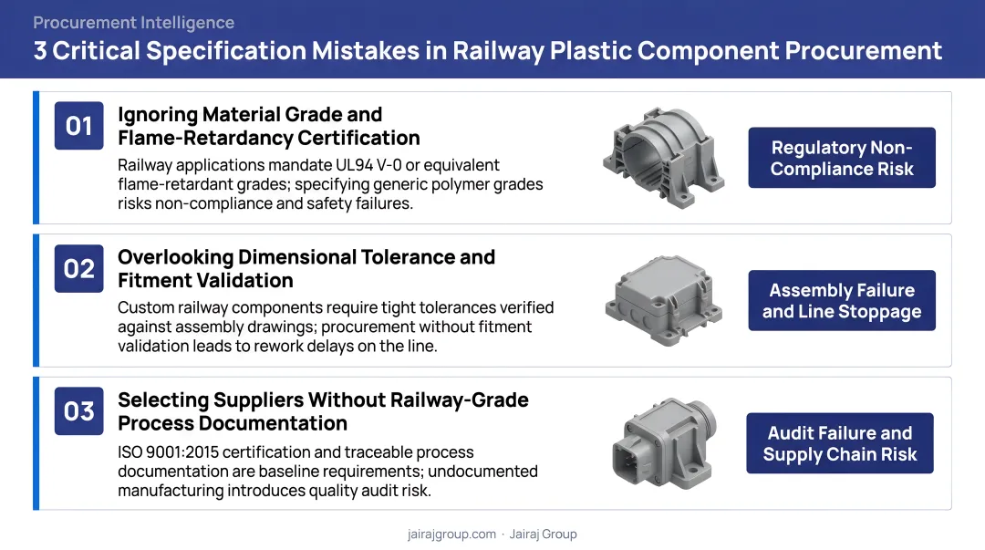 Three critical specification mistakes in railway plastic component procurement infographic