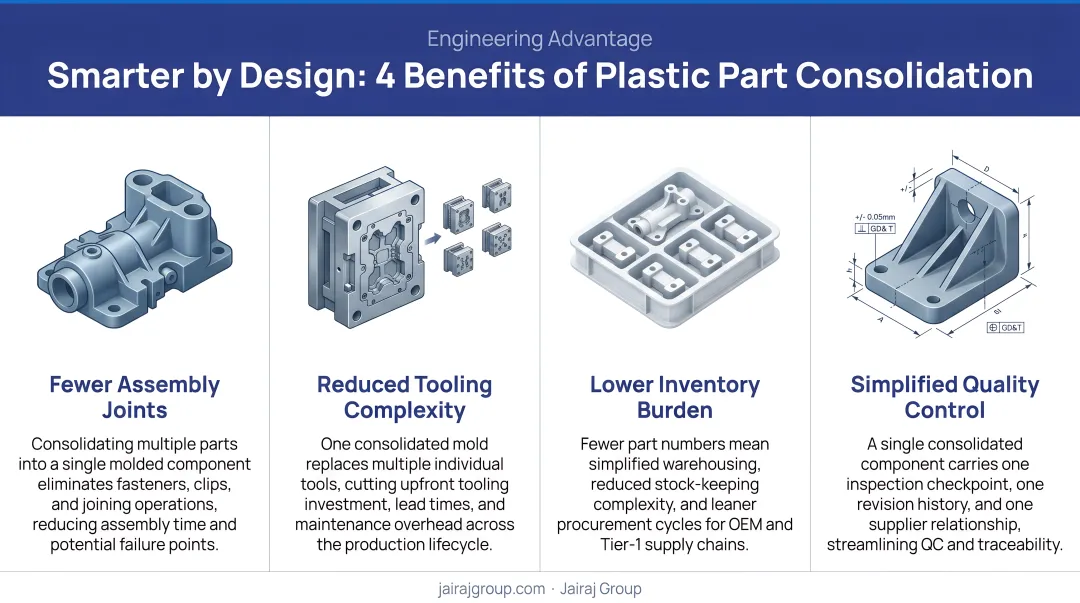 Four key benefits of plastic part consolidation reducing assembly joints tooling and inventory complexity
