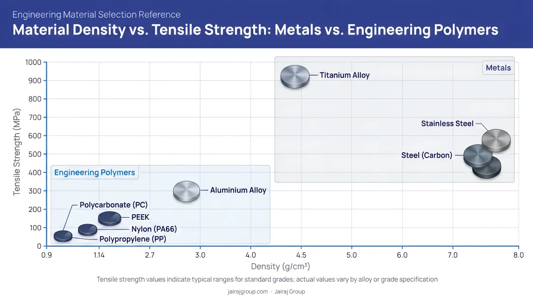 Material density and tensile strength comparison chart metals versus engineering polymers