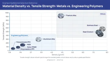 Material density and tensile strength comparison chart metals versus engineering polymers