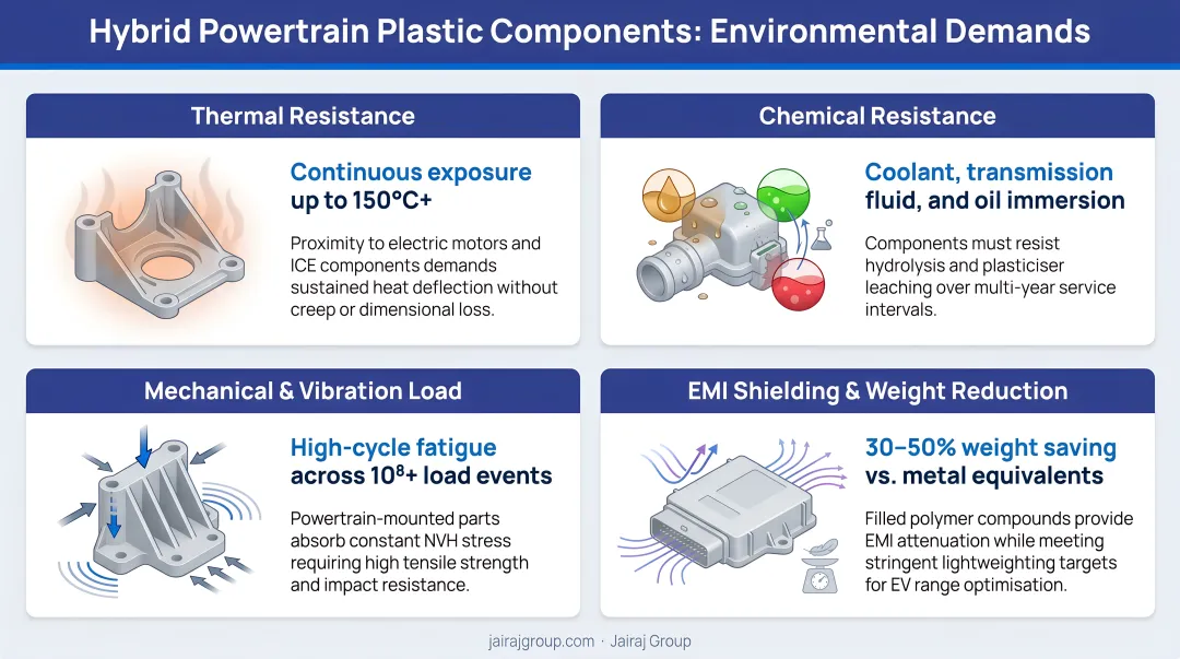Four hybrid powertrain plastic component environmental demands infographic