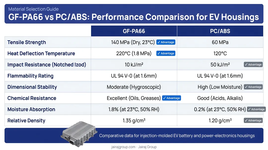 GF-PA66 versus PC/ABS eight-property performance comparison infographic for EV housings