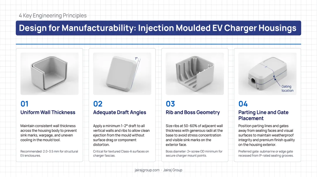 Four design for manufacturability principles for injection moulded EV charger housings