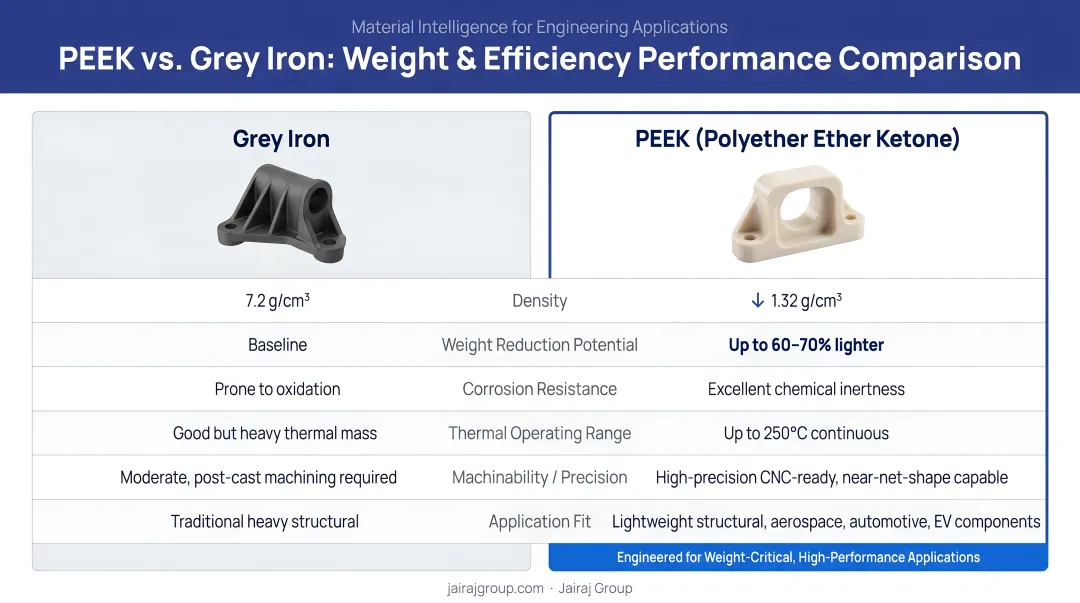 PEEK versus grey iron performance comparison showing weight and efficiency gains