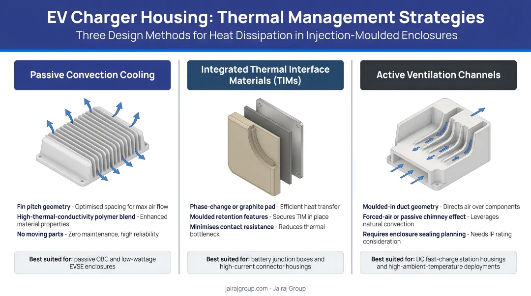EV charger housing thermal management strategies three-method design breakdown infographic