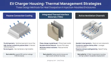 EV charger housing thermal management strategies three-method design breakdown infographic
