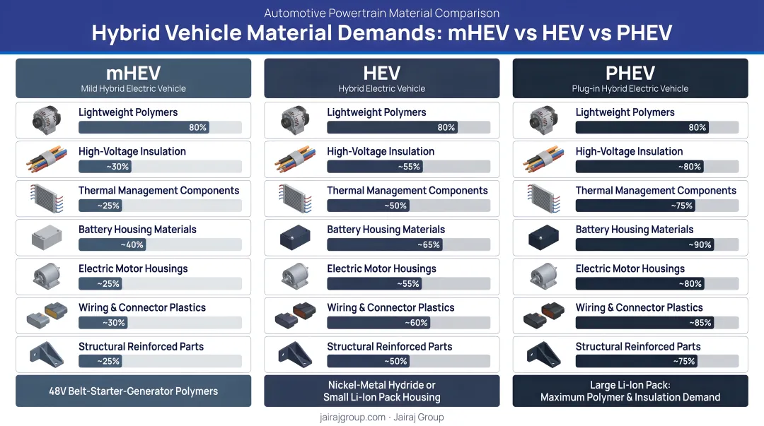 Three-tier hybrid vehicle material demands comparison mHEV HEV PHEV infographic