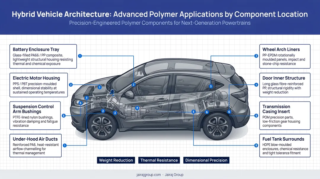 Hybrid vehicle architecture diagram showing advanced polymer applications by component location