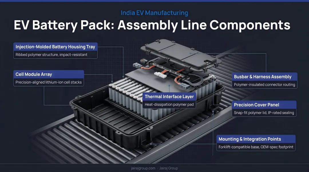 India electric vehicle production facility assembly line showing EV battery pack components