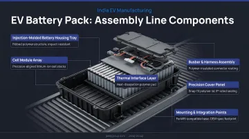 India electric vehicle production facility assembly line showing EV battery pack components