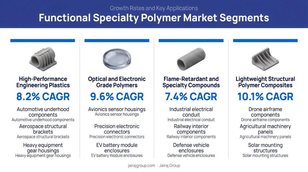Four functional specialty polymer market segments with growth rates and key applications