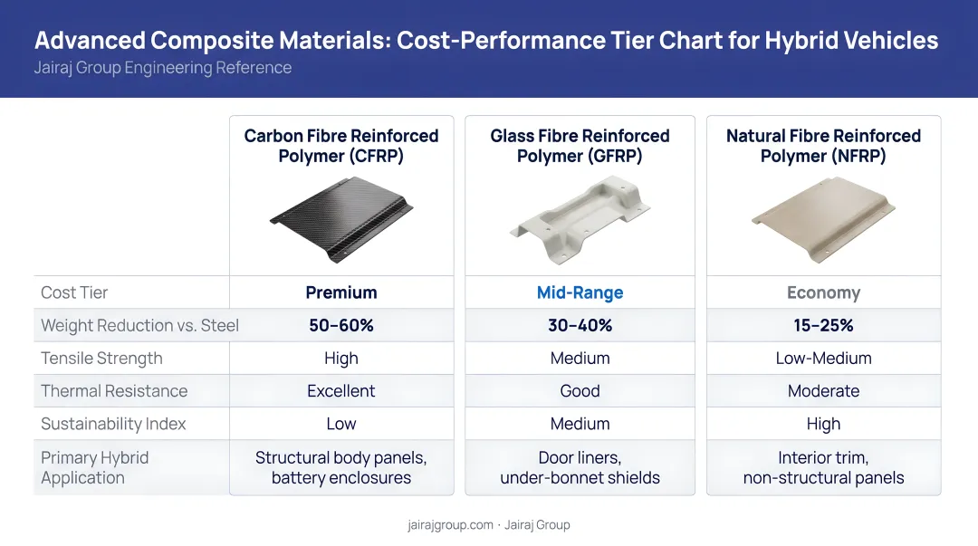 Three advanced composite material types for hybrid vehicles cost performance tier chart