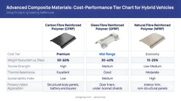 Three advanced composite material types for hybrid vehicles cost performance tier chart