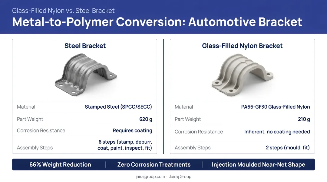 Automotive polymer component made from glass-filled nylon replacing metal bracket