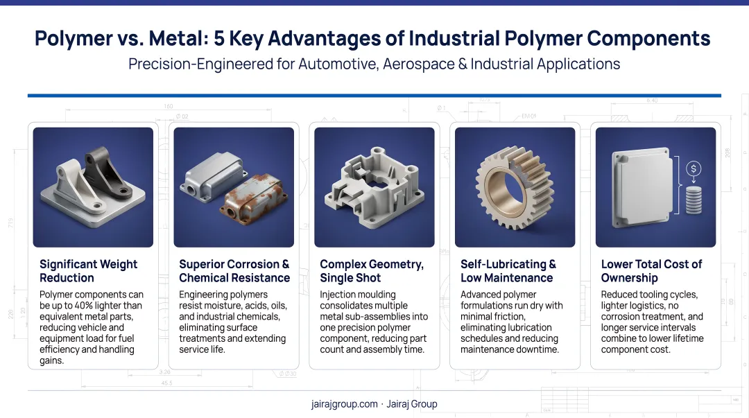 Five key advantages of industrial polymer components over metal parts infographic