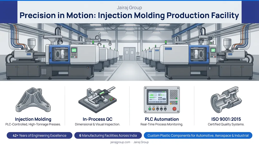 Jairaj Group injection molding production facility with PLC-controlled machines and quality inspection