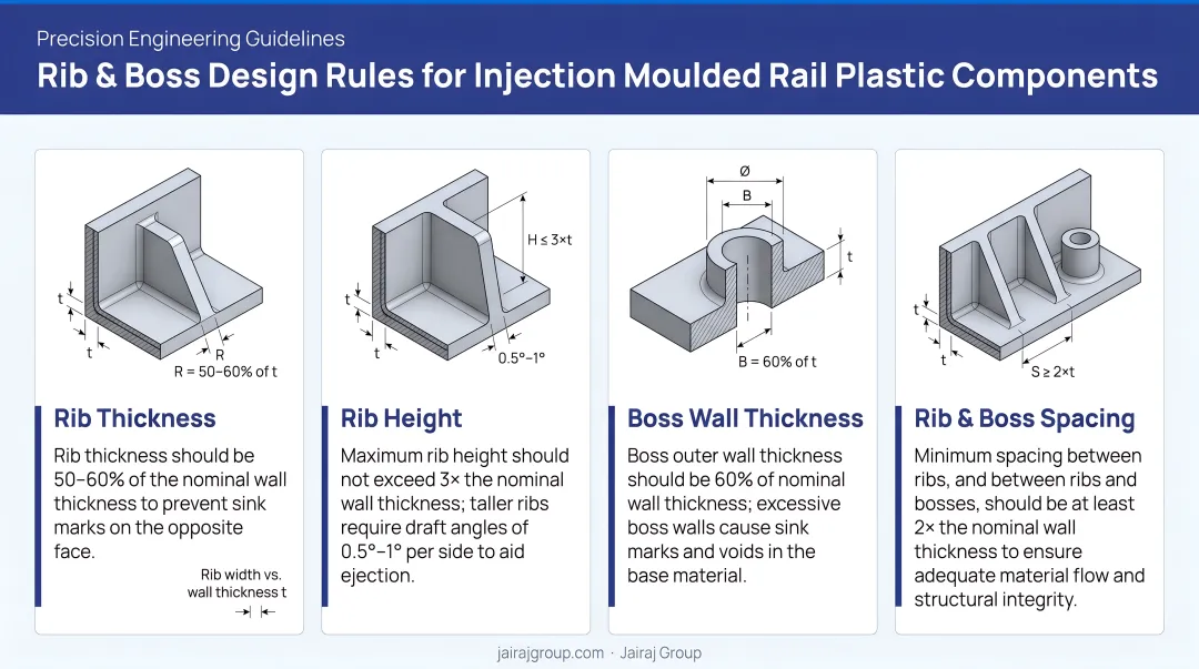Four rib and boss design rules for injection moulded rail plastic components