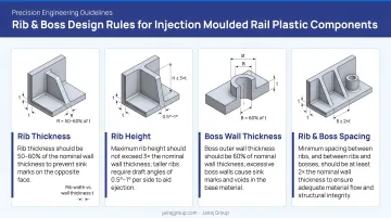 Four rib and boss design rules for injection moulded rail plastic components