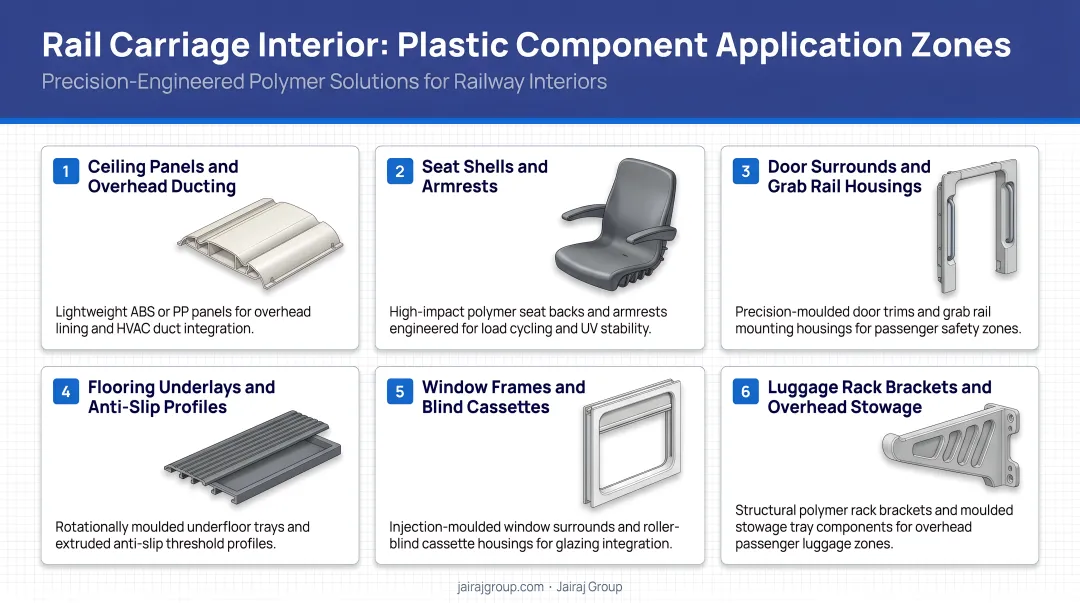 Six primary plastic component application zones in rail carriage interiors