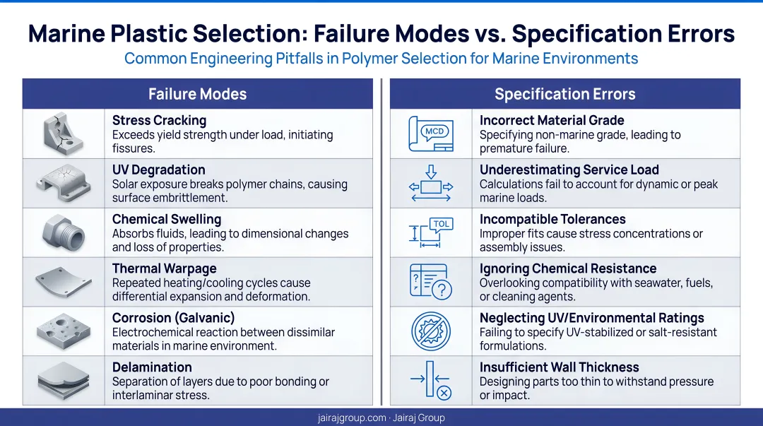 Marine plastic selection failure modes and common specification errors side-by-side comparison infographic
