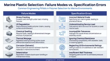 Marine plastic selection failure modes and common specification errors side-by-side comparison infographic