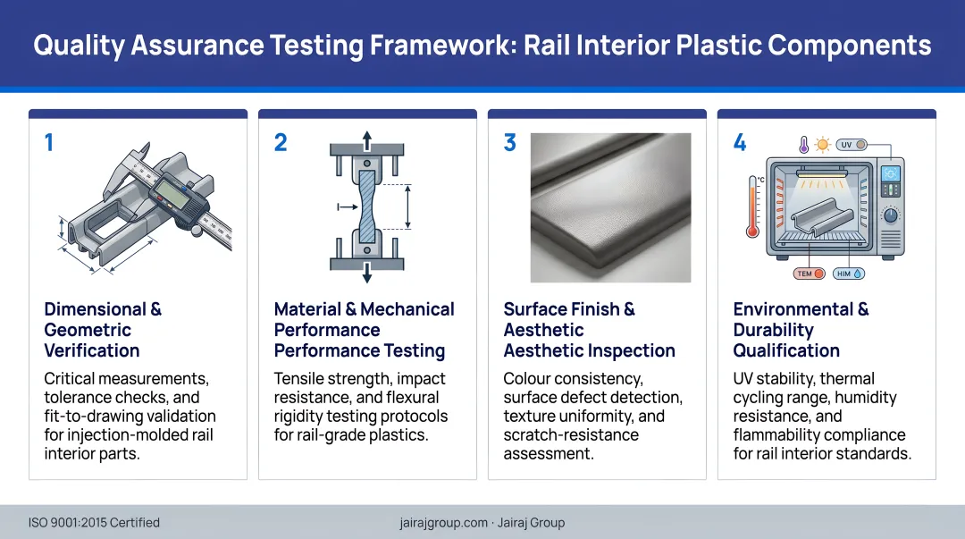 Four-category quality assurance testing framework for rail interior plastic components
