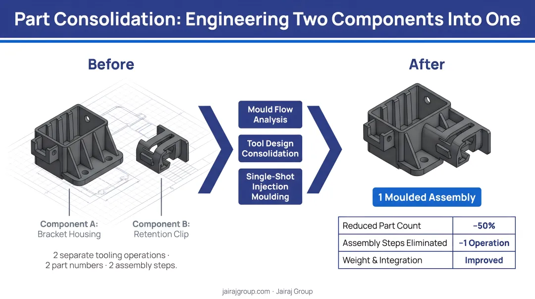 Part consolidation value engineering process reducing two components into one moulded assembly