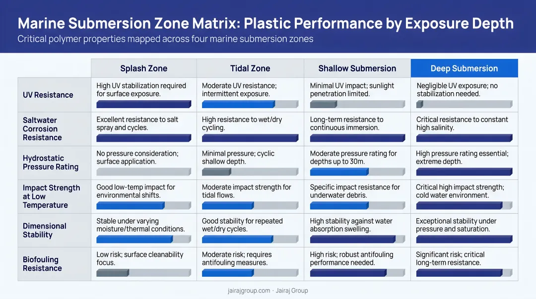 Marine submersion zone matrix mapping four exposure zones to critical plastic performance properties