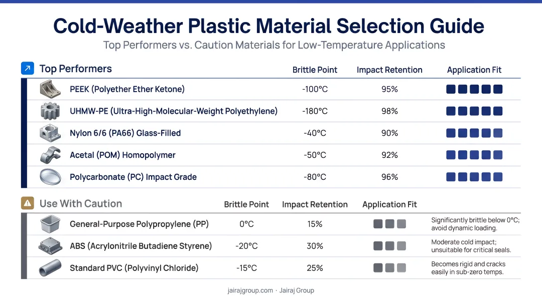 Cold-weather plastic material selection guide ranking top performers and caution materials