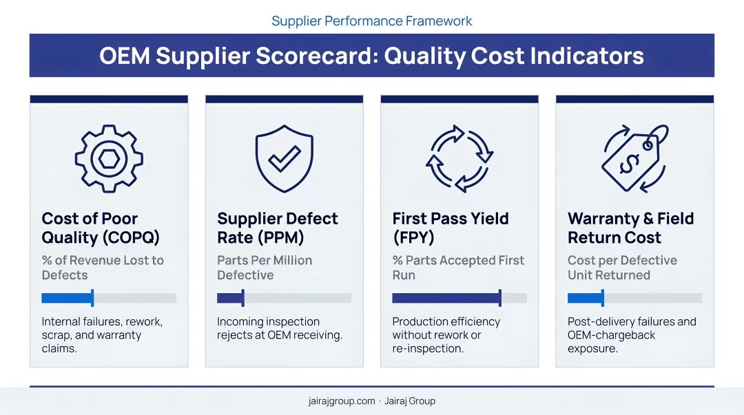 OEM supplier scorecard metrics framework showing four quality cost indicators