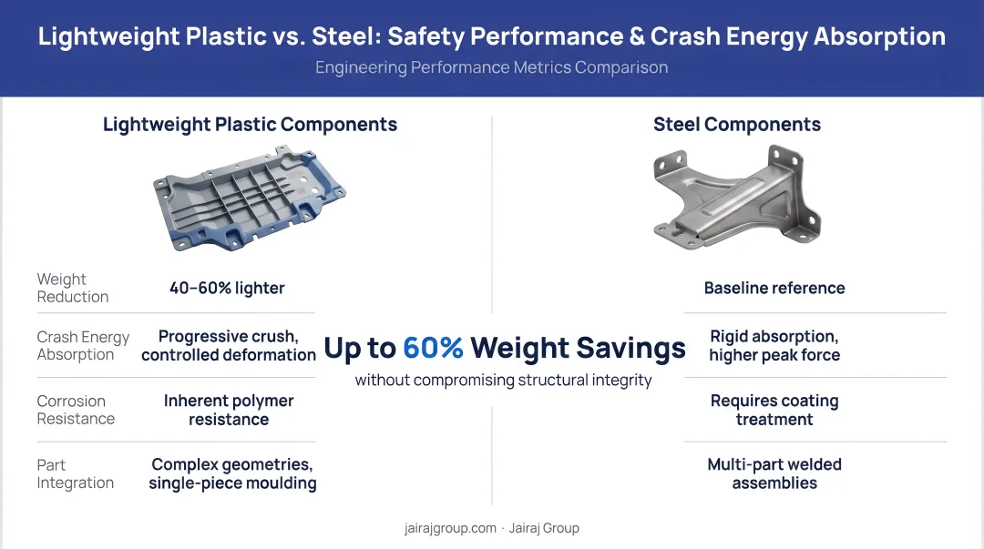 Lightweight plastic safety performance metrics versus steel crash energy absorption comparison