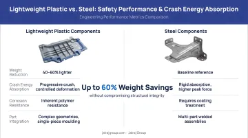 Lightweight plastic safety performance metrics versus steel crash energy absorption comparison