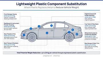 Automotive vehicle diagram highlighting eight lightweight plastic component substitution areas and weight savings