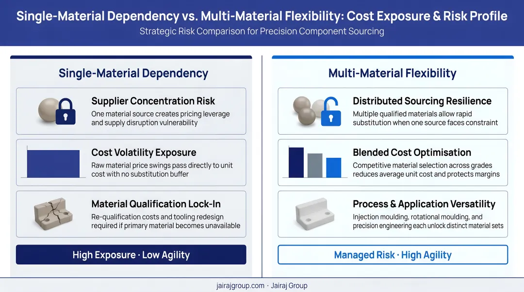 Single-material dependency cost exposure versus multi-material flexibility risk comparison infographic