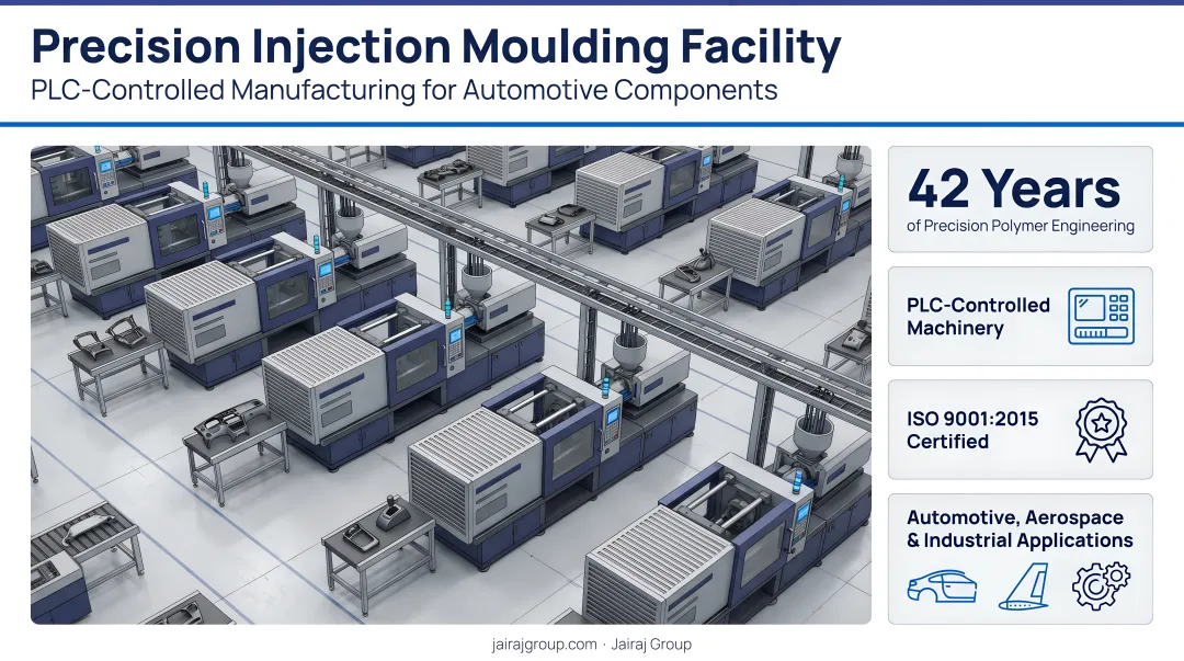 Jairaj Group precision injection moulding facility with PLC-controlled machinery producing automotive components