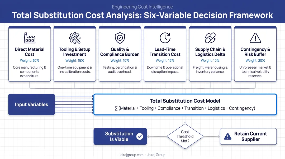 Six-variable total substitution cost analysis model components and decision framework infographic