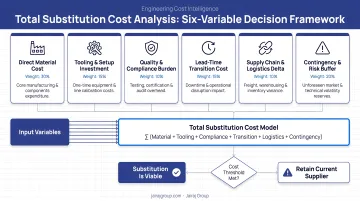 Six-variable total substitution cost analysis model components and decision framework infographic