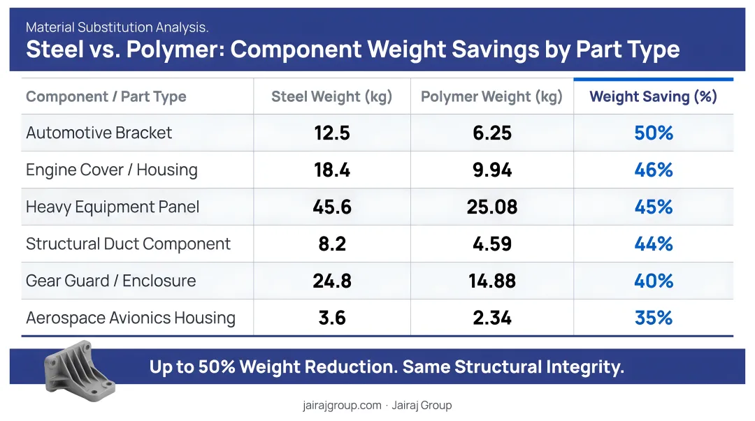 Steel versus polymer component weight comparison table showing percentage savings per part