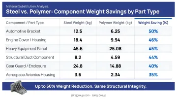 Steel versus polymer component weight comparison table showing percentage savings per part