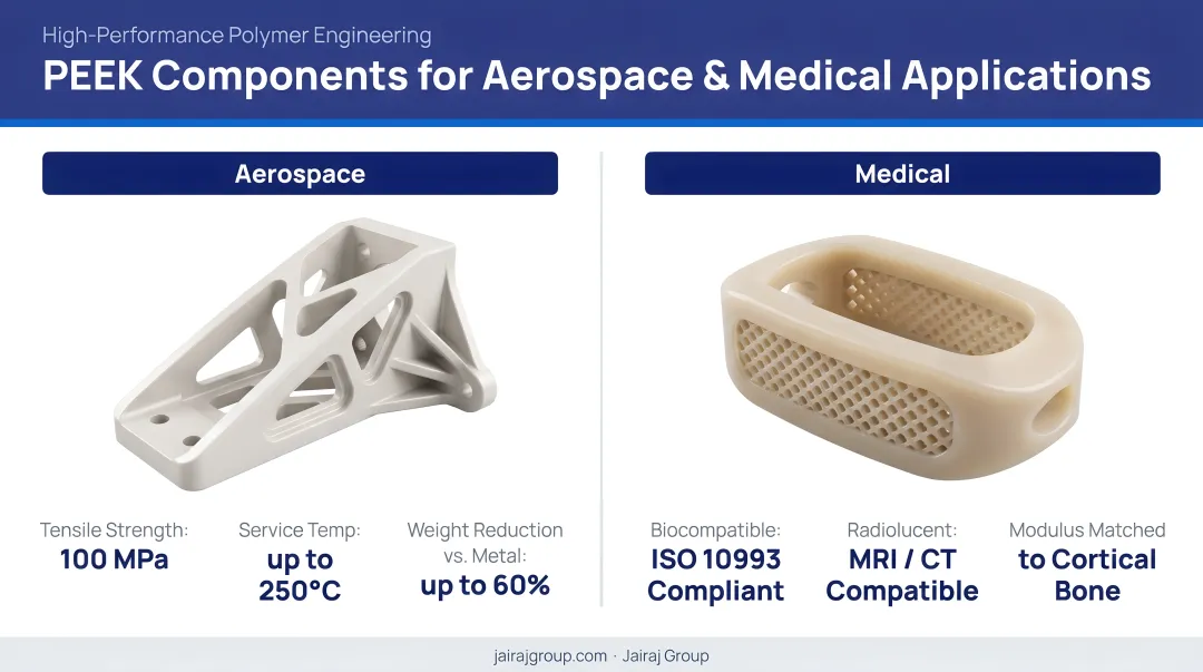 PEEK aerospace and medical components including spinal implants and structural brackets