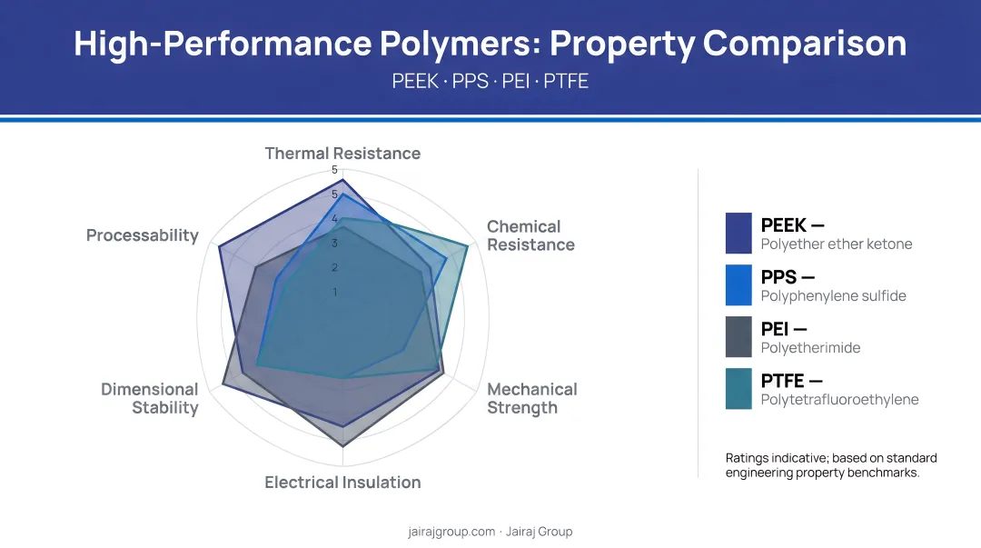 Four high-performance polymers PEEK PPS PEI PTFE property comparison radar chart