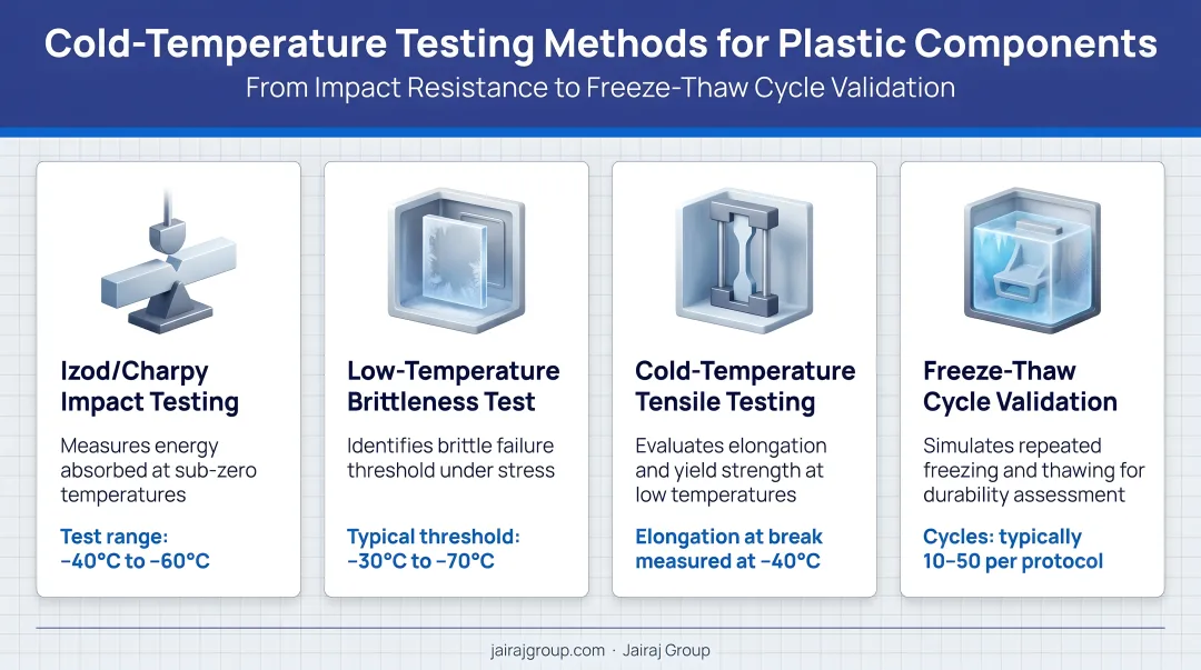 Four cold-temperature plastic testing methods from impact to freeze-thaw cycle validation
