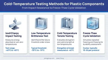 Four cold-temperature plastic testing methods from impact to freeze-thaw cycle validation