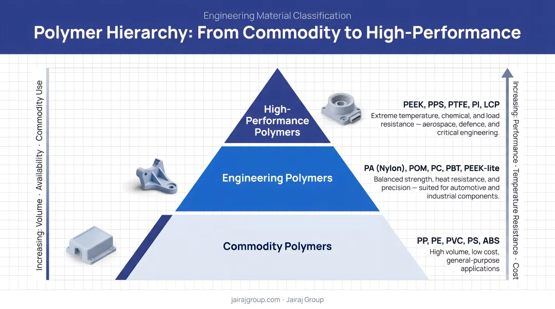 Three-tier polymer hierarchy pyramid from commodity to high-performance polymers