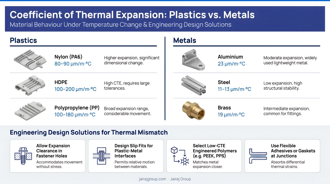 Plastic versus metal coefficient of thermal expansion comparison chart with design solutions