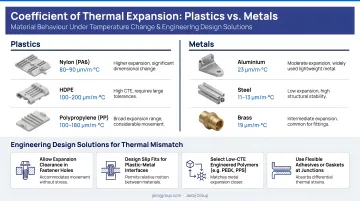 Plastic versus metal coefficient of thermal expansion comparison chart with design solutions